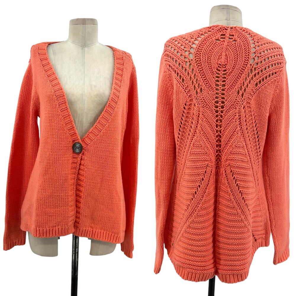 Soft Surroundings Cardigan Sweater Single Button Crochet Back Orange Size Medium
